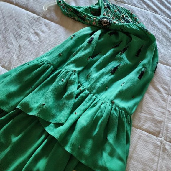 Anthropologie Floreat Ijada Green Embroidered Sequin Stitch Hi-Low Ruffle Dress - Picture 8 of 9